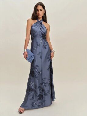 Reformation Veria Trieste Border Navy Floral Maxi Silk Dress